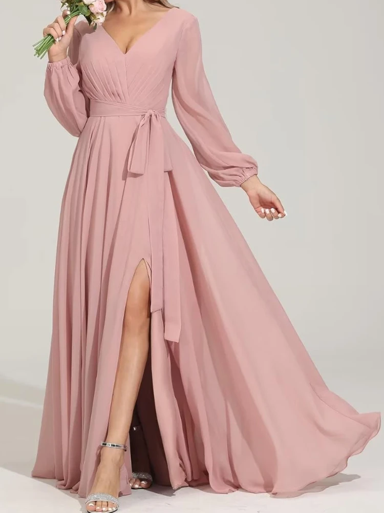 Customized New Popular Euramerican Trend Chiffo Bridesmaid Vestidos Simple Solid Deep V Puff Full Sleeve Gown Slim Waist Bow Lac