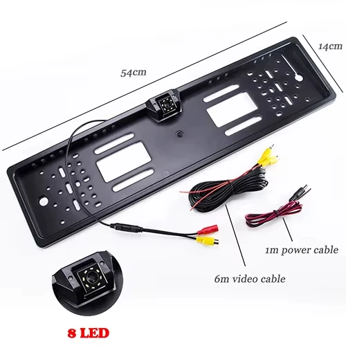 Car Rear View Camera with 8 LED Parking Sensor, Parktronic & Universal European/UK License Plate Holder Frame - Auto Accessories