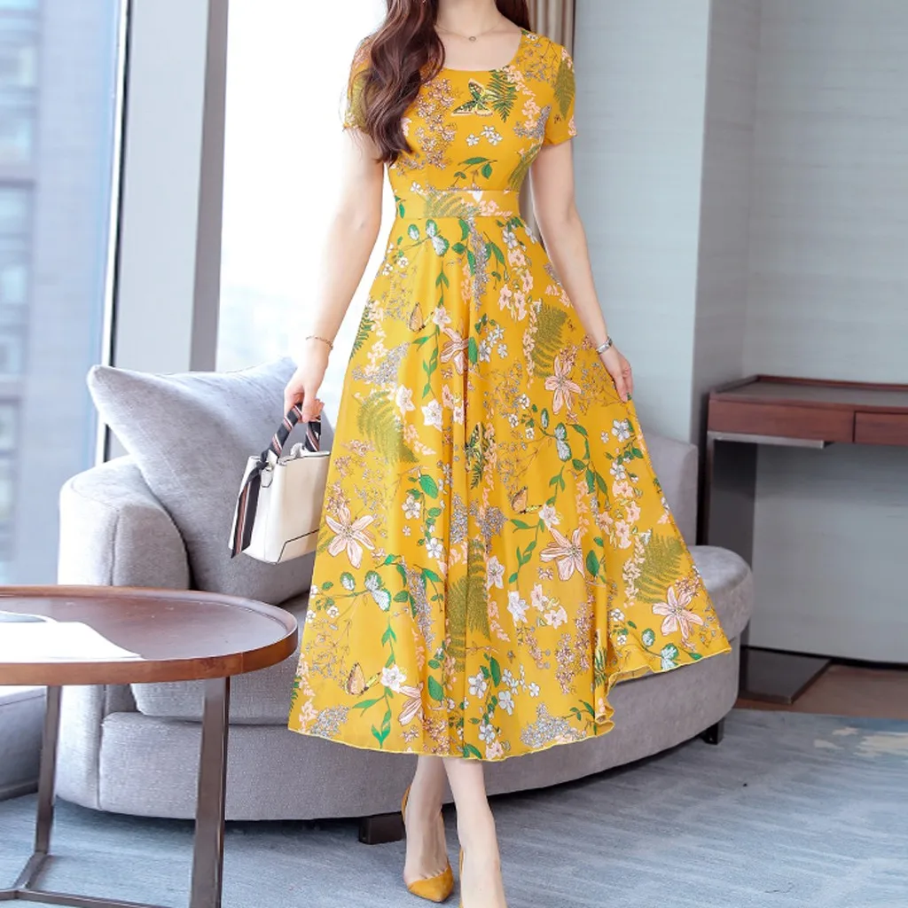 Summer Women\'s Elegant Floral Printed Dresses Fashion Short Sleeved High Waist Pleated Dresses Casual Round Neck Versatile Dress