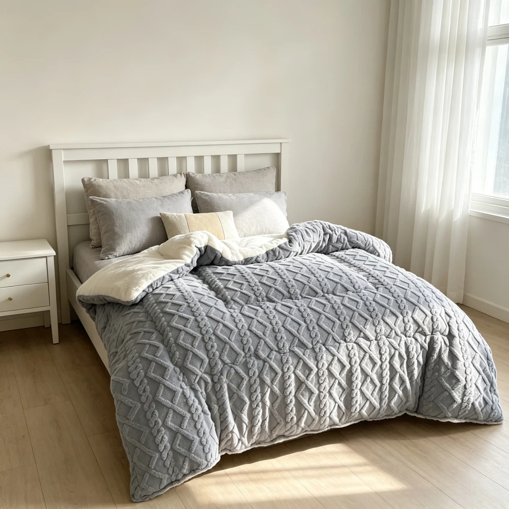 1PC Taffeta Plush Comforter 3D Rhombus Jacquard Winter Quilt Sherpa Lined Thick Warm Fluffy Bedding Heavyweight Bed Quilt for Bedroom Dorm Multiple Sizes