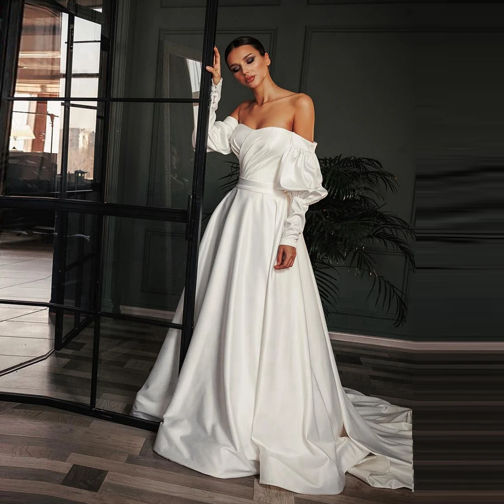 Elegant Satin A Line Wedding Party Dress Off The Shoulder Draped Taffeta Bridal Dresses High Quality Satin Long Wedding Gowns