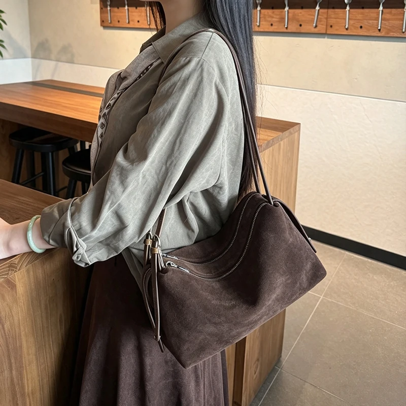 Genuine Suede Cowhide Women Hobo Shoulder Bag Double Zipper Real Leather Soft Crossbody Purse Drawstring Tie Side Ladies Bag