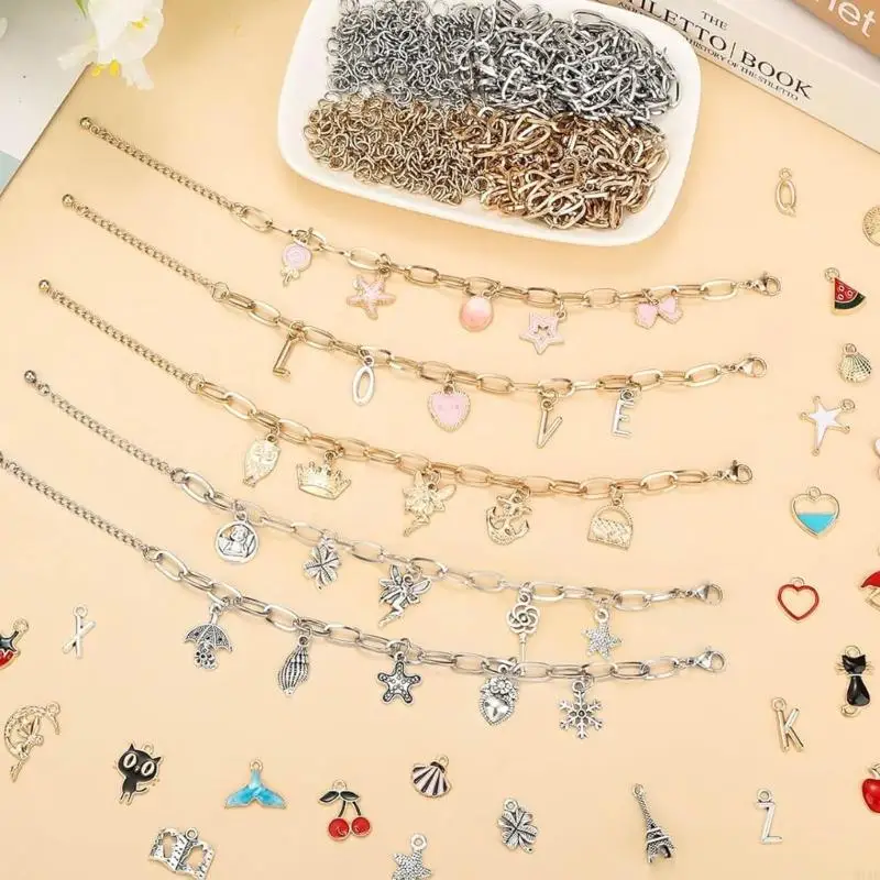 91AF 442PCS Beaded Bracelet Set with Gold Silver Letter Charms and Small Pendants Iron Texture Suitable for Jewelry Making