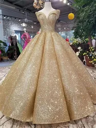 2022 New Long Bling Gold Prom Dress Elegant Sequins Ball Gown Off Shoulder Court Train Formal Evening Wear Party Robe De Soiree