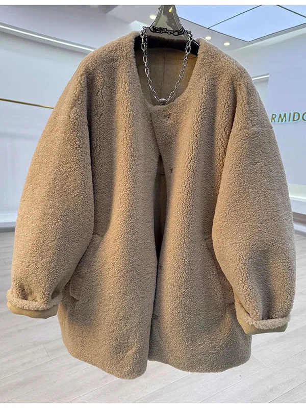 

Женское зимнее пальто большого размера из корейского меха ягненка, с круглым вырезом, теплое, модное, молодежное