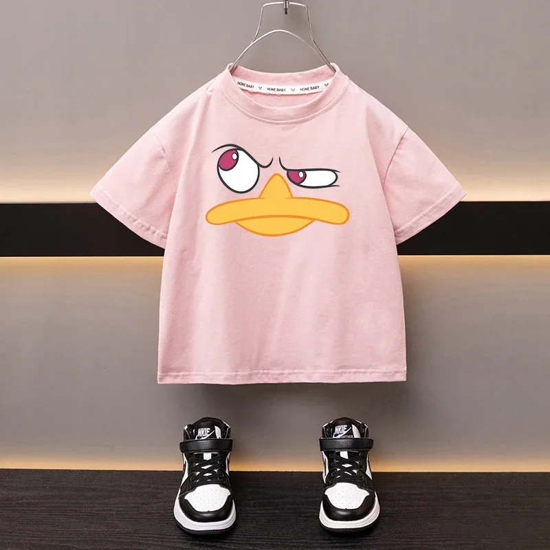 Summer Baby T-shirt Fashion Cartoon Girls Tees Short Sleeve Cotton Boys Tops Japan Funny Duck Casual Kids Clothes for 2-12Y 2024