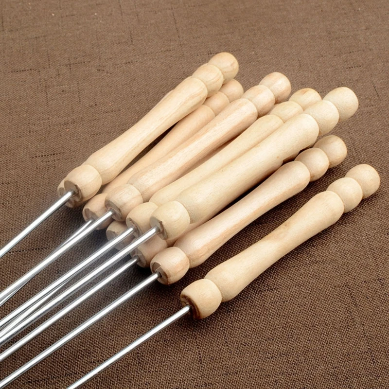 10Pcs 38cm Round BBQ Skewers With Wood Handle Stainless Steel BBQ Needle With Tip Cover Metal Barbecue Sticks For Camping