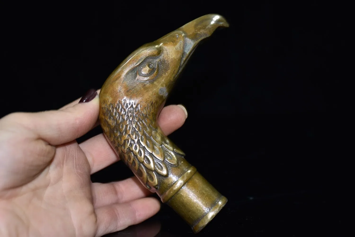 

Chinese Brass Copper Hand carved Cane Walking Stick Head Handle eagle Statue