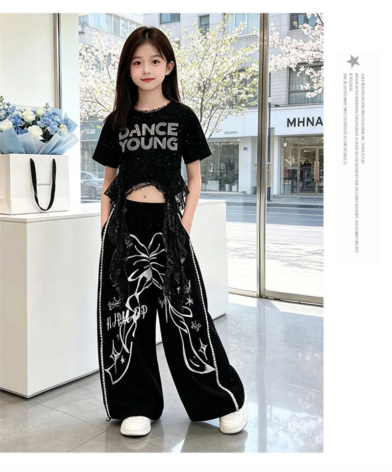Neuheiten Hip-Hop Kleidung für junge Mädchen, Anzug mit Crop-Top und Hose, modischer Print, 2-teiliges Streetwear-Tanzkostüm für Kinder 8 10 12 Jahre – Detail 4