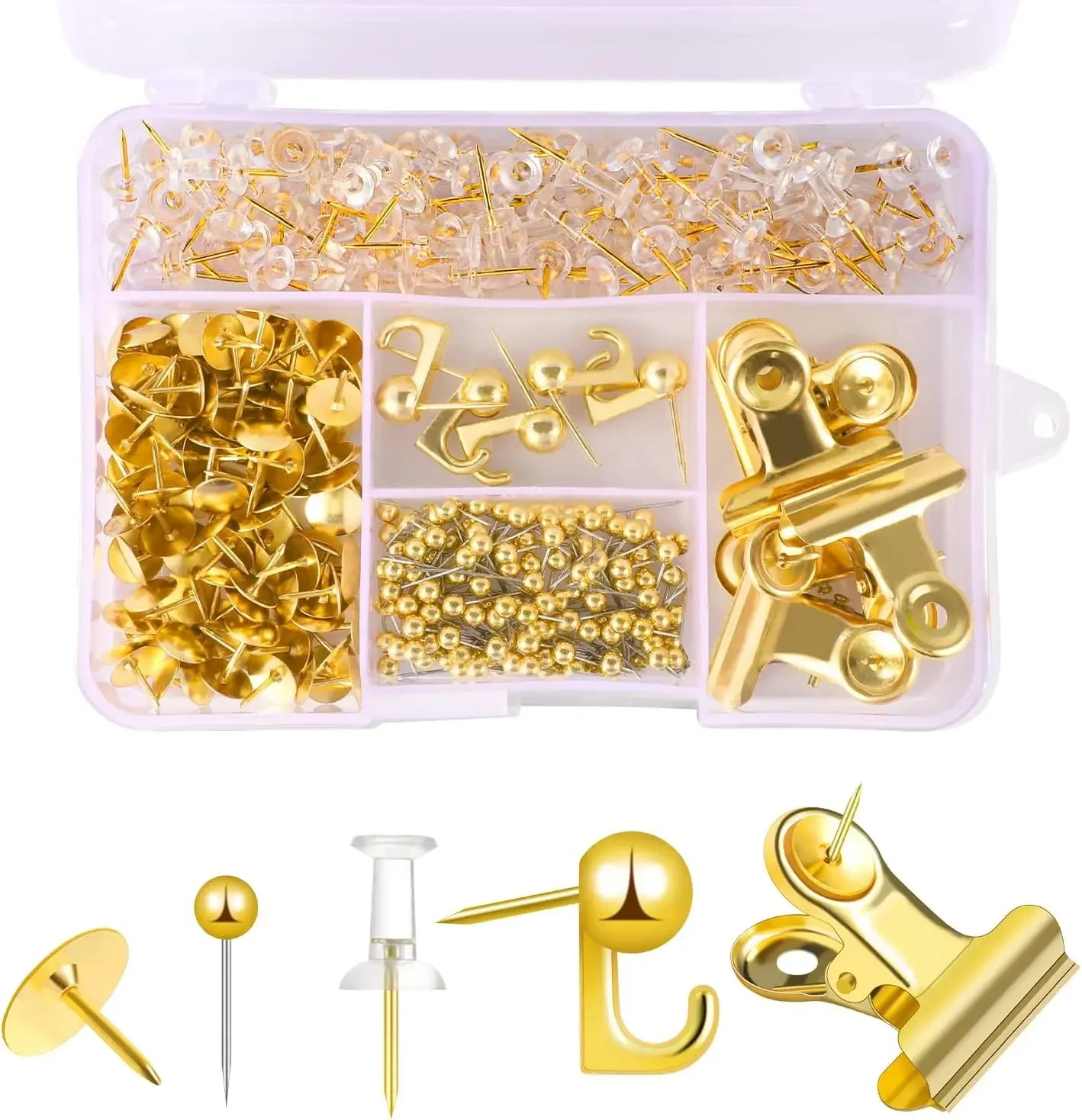 

310 Pcs Gold Push Pins Set With 5 Styles For Cork Board, Office & Home Decor