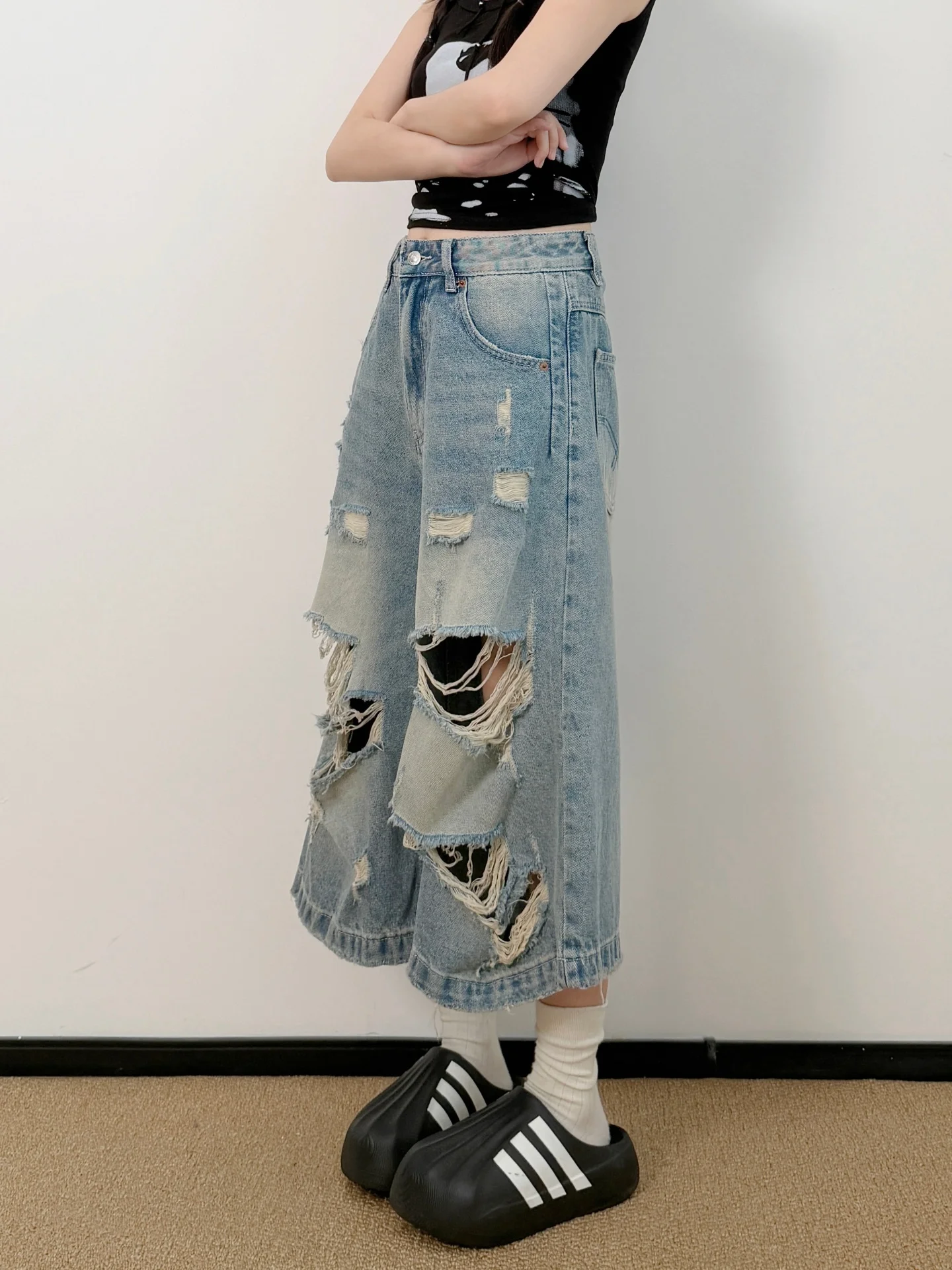 American Retro Hole Wide Leg Seven-Foot Denim Mid-Pants Women Summer High Waist plus Size Slim Loose Straight Short Pants