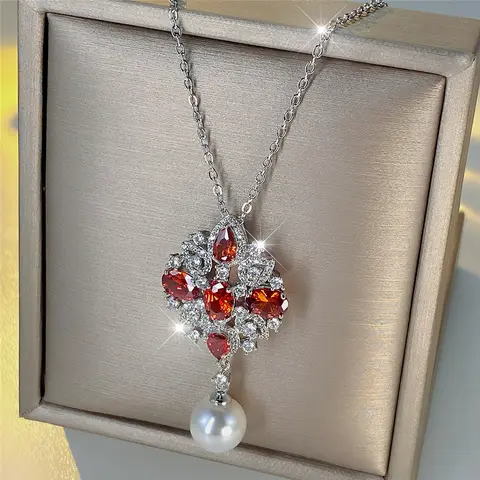 Female Crystal White Red Zircon Stone Pearl Pendant Necklace Vintage Silver Color Wedding Jewelry For Women