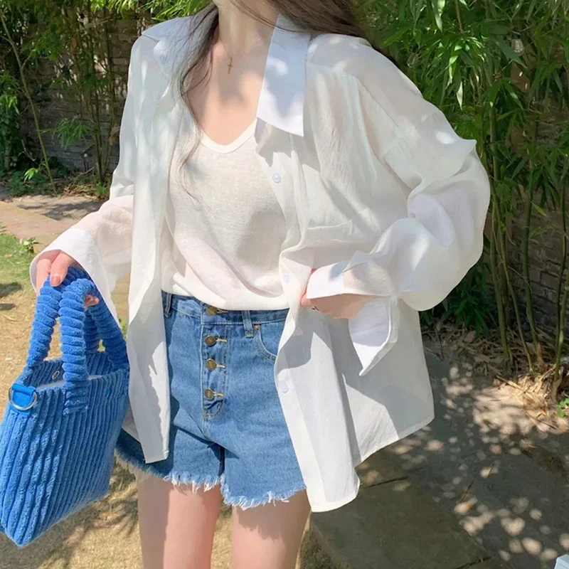 White Shirt Women Summer Sweet Preppy Style All Match Blouse Ladies Korean Fashion Casual Loose Long Sleeve Thin Top New