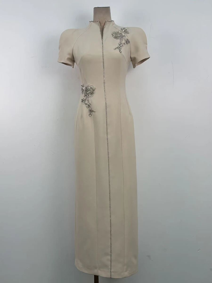 Twotwinstyle sólido emagrecimento emendado apliques temperamento vestidos para mulheres com decote em v mangas curtas túnica elegante vestido longo feminino