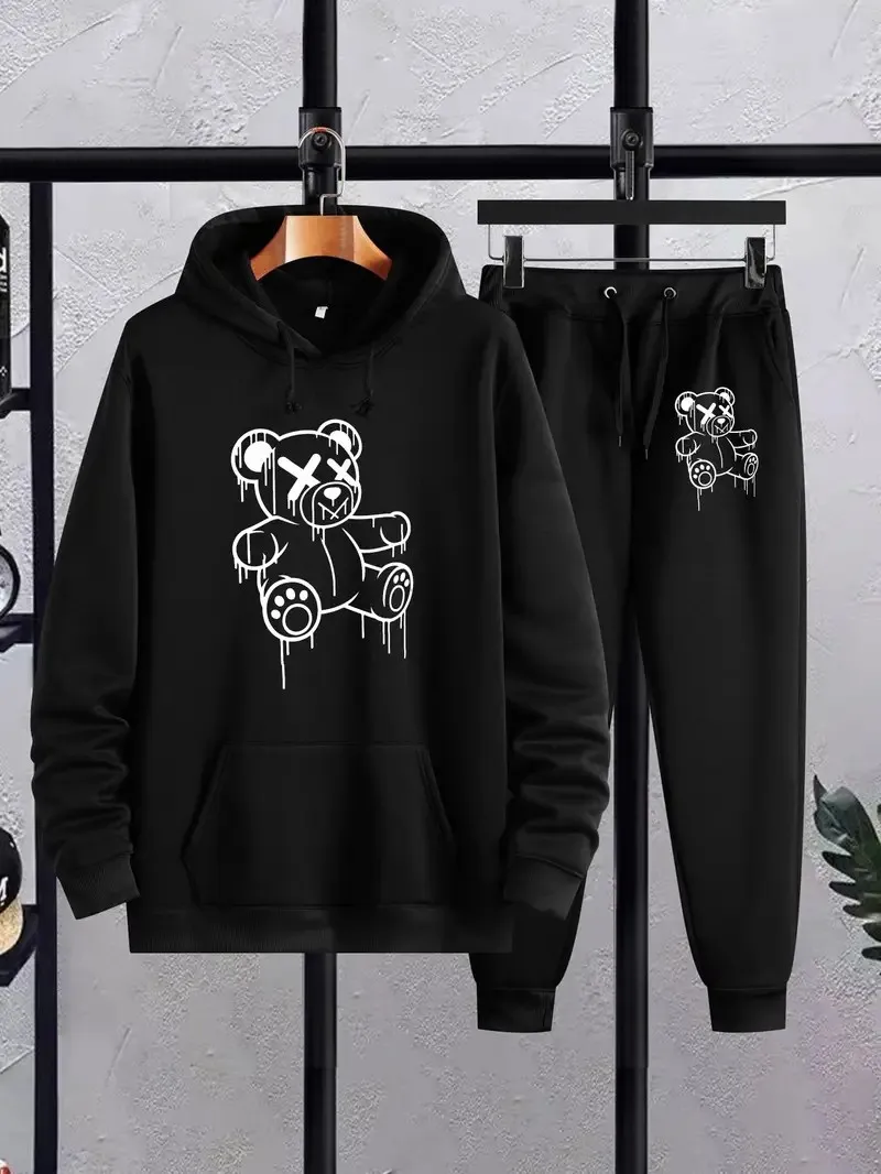 2025年秋新作 3Dクマプリント 快適でおしゃれなカジュアルメンズアウトドアスポーツスウェット上下セット
