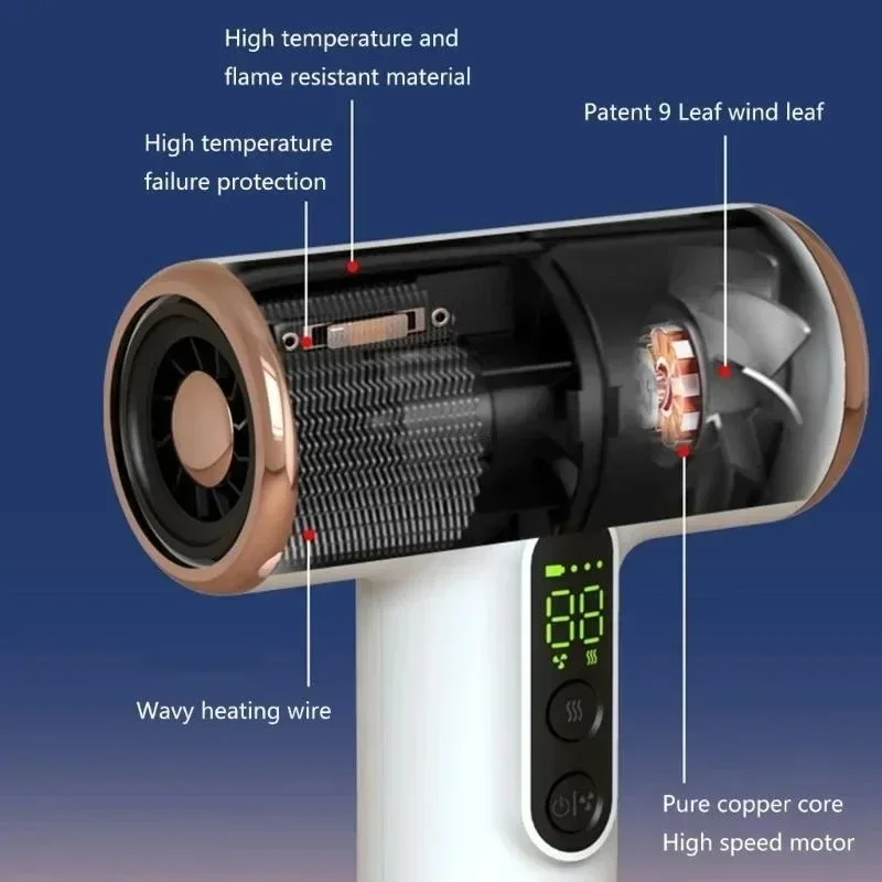 مجفف شعر لاسلكي محمول 30000 دورة في الدقيقة عالي السرعة جاف بارد دافئ الرياح السفر USB شحن الأيونات السالبة شاشة الكريستال السائل