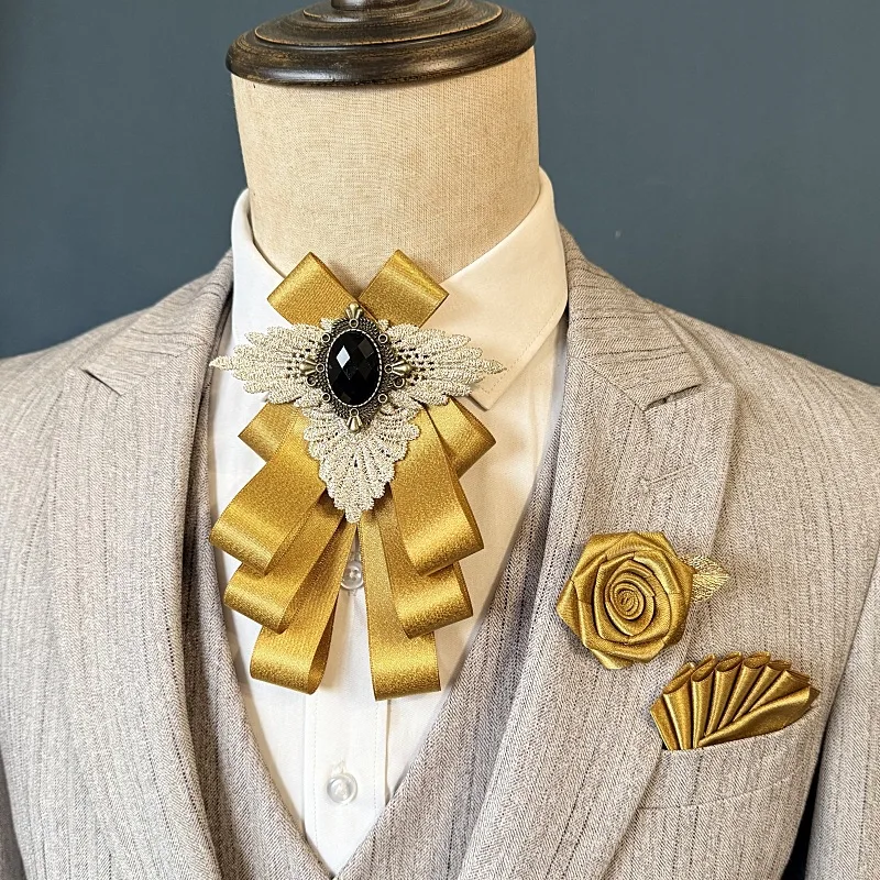 

Men's Wedding Handmade Collar Flowers Boutonniere Pocket Square Set Gentleman Daily Stage Festival Suit Shirt Bow Ties Brooch