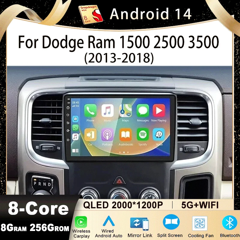 Android 14 Car Radio Multimedia Player For Dodge Ram 1500 2500 3500 2013-2018 Wireless Carplay Android Auto Car Stereo 48EQ GPS