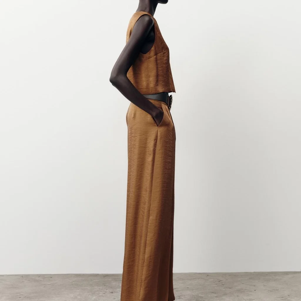 Haut à texture satinée en soie avec double revers, pantalon long ample, ceinture, effet anti-âge, ensemble Faion polyvalent pour femmes, rond Ne S...