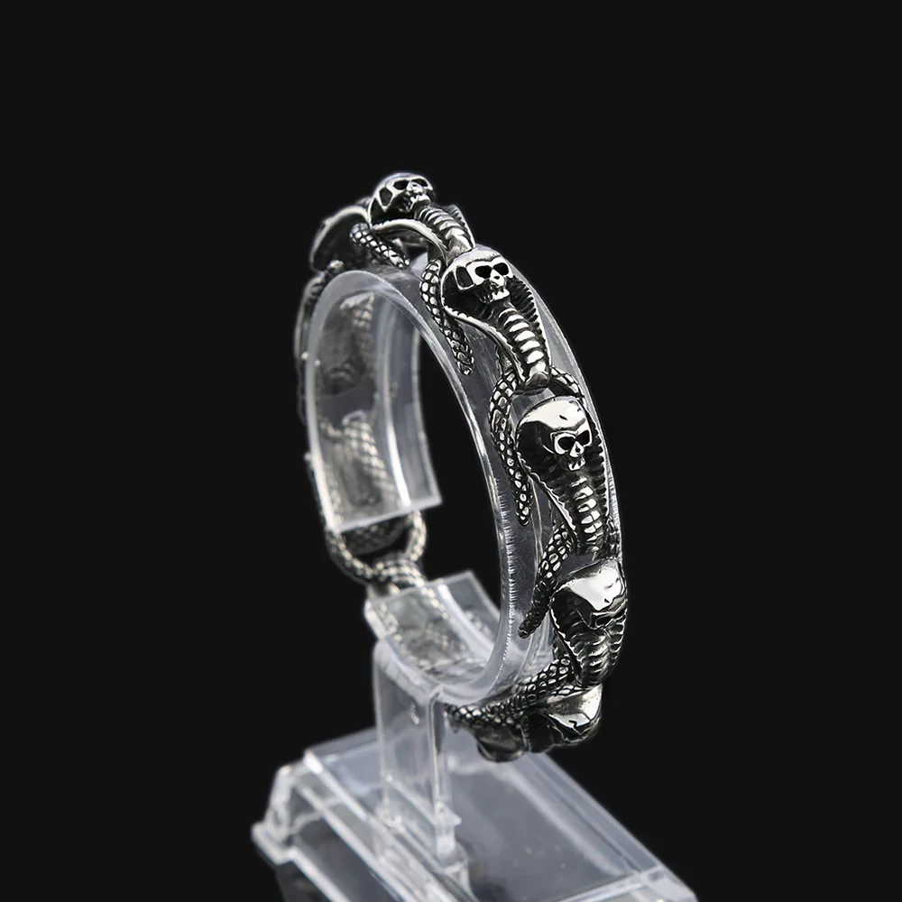 Stainless Steel Punk Bracelet for Men Skull Snake Adjustable Biker Jewelry Gift for Boyfriend Goth、Motorcycle Fans, Anti-Tarnish
