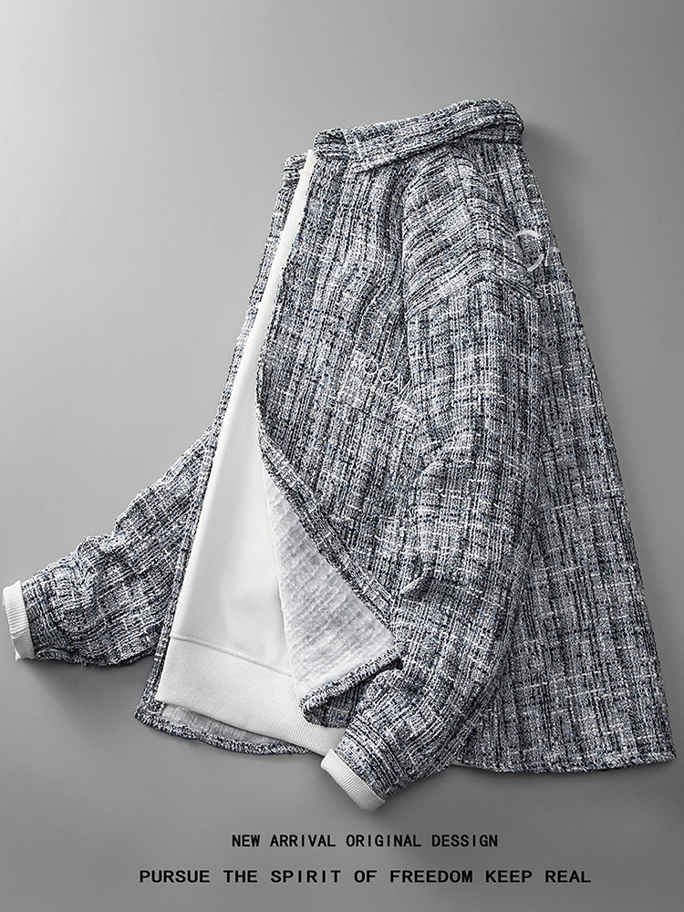 

Мужское вязаное клетчатое пальто в стиле преппи, весенне-осеннее свободное повседневное пальто с лацканами, молодежное пальто с защитой от ветра, длинное свеково-синее