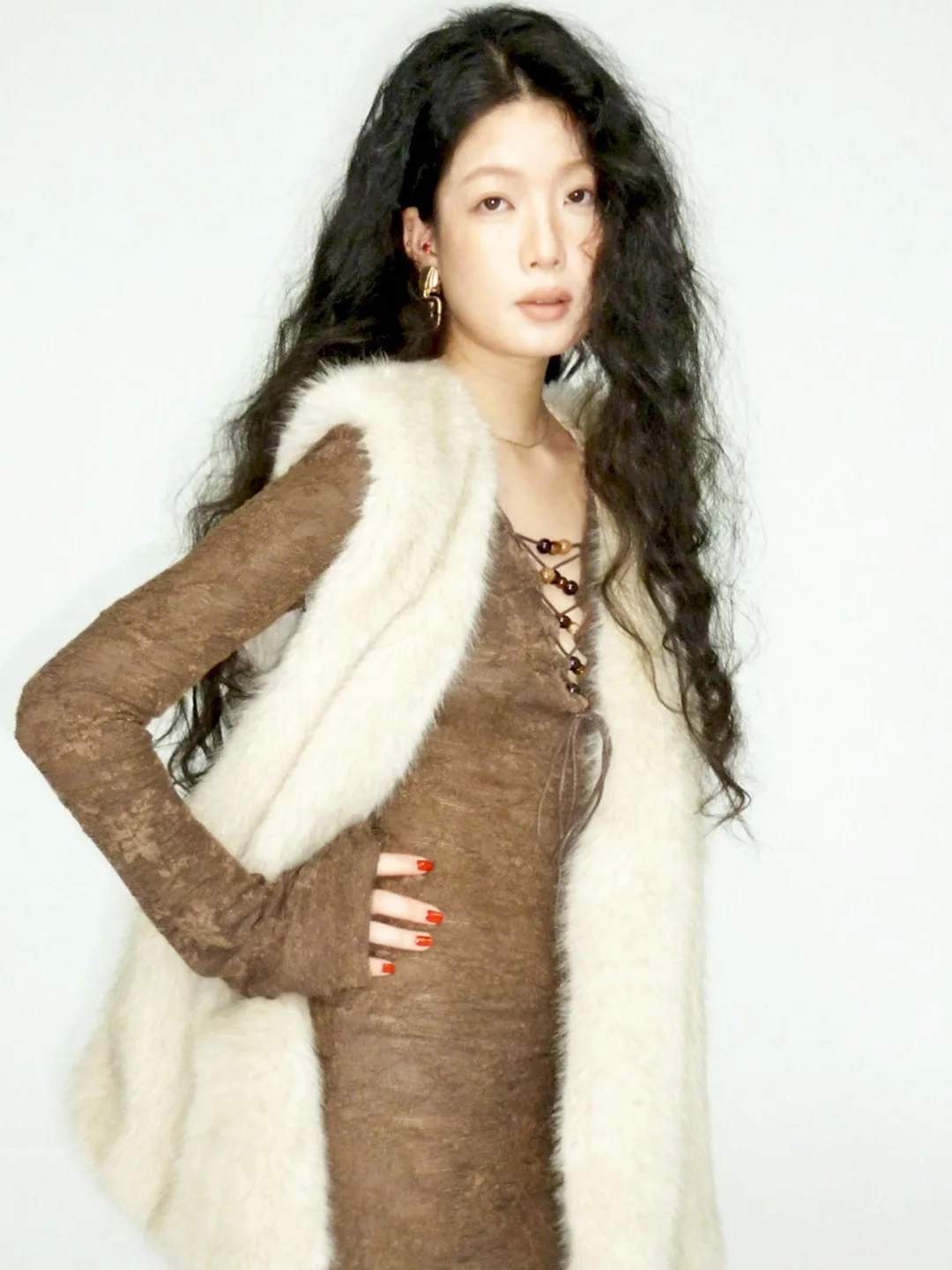 

Yann M Original Design Eco-Friendly Fur Vest Warm Cozy V-Ne Long Sle Commute Faion Autumn Winter Polyester 00%