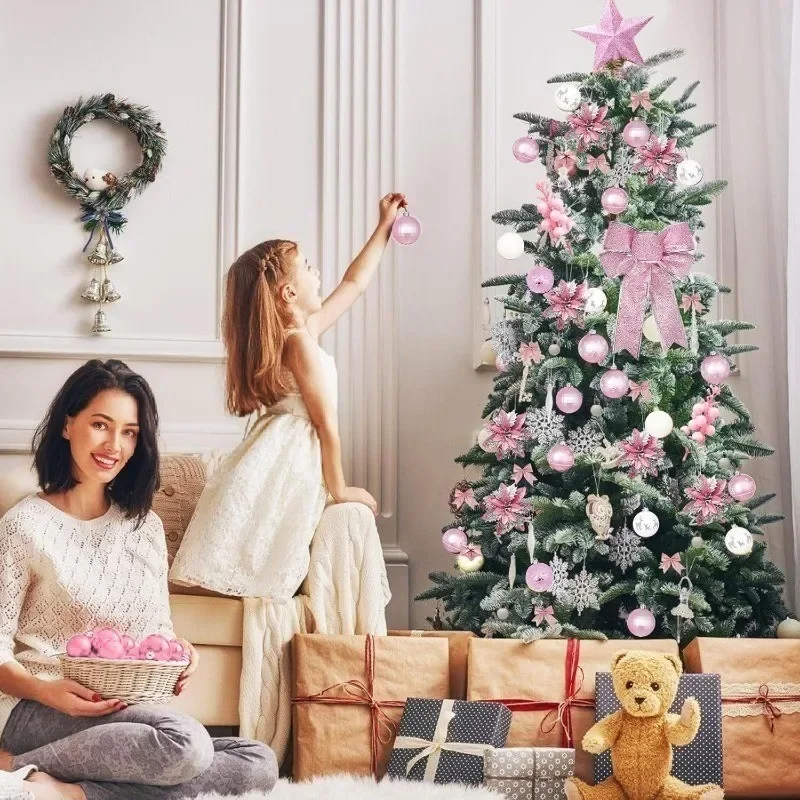 Pink Christmas Tree Decoration Set Christmas Balls Ornaments Light Glitter Flowers Berries Stems Snowflakes Bow for Home Decor