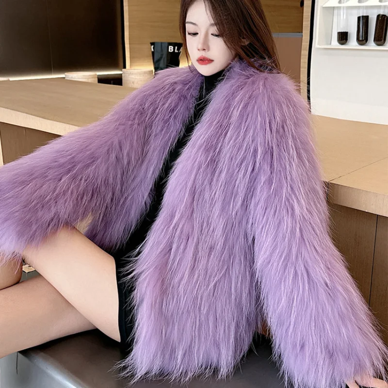 QIXHFUR Winter Coat Female Real Raccoon Fur Coat Women Solid Fur Senior Thick Real Fur Women Winter Plush Jackets