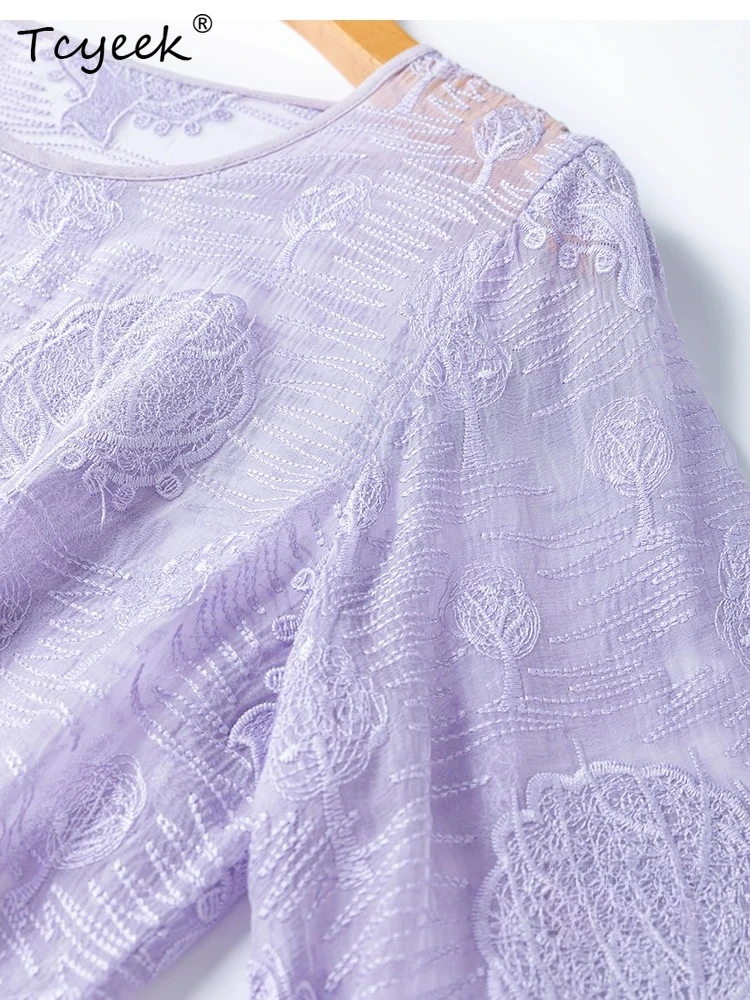 Tcyeek 100% Real Silk Women T Shirt 2026 Spring Summer Purple Elegant Embroidery Sunscreen Top Clothing for Female Ropa De Mujer