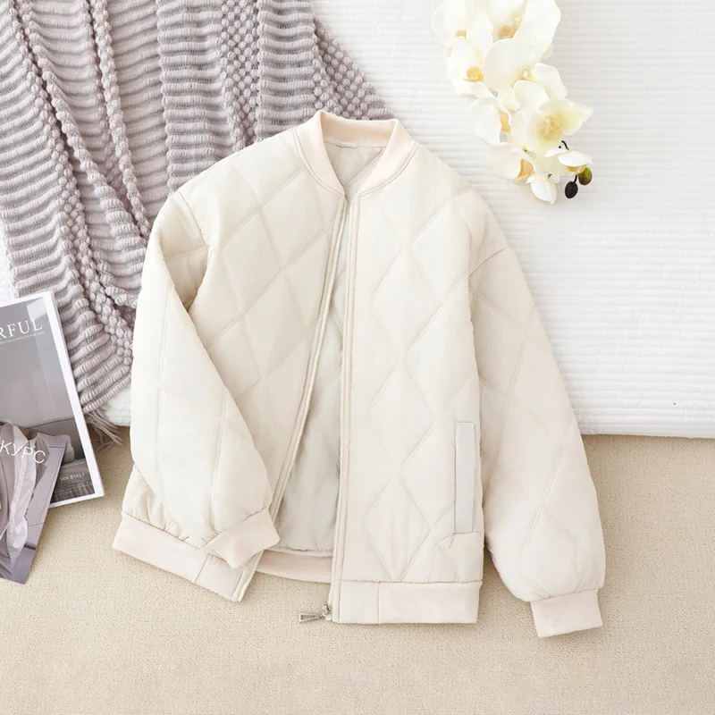 

2025 Winter Thicken Warm Baseball Jacket Fashion All Match Rhombus Checked Down Cotton Coat Women Casual Zip Up Bomber Jackets