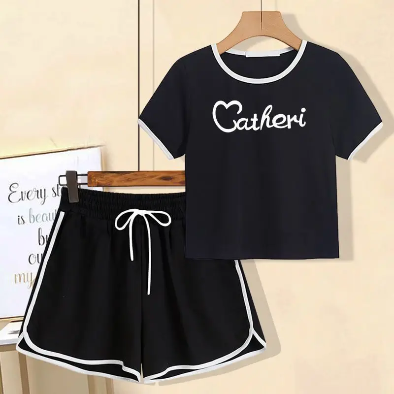 2024 Summer New Xiaoqing Short Sleeve Color Insertion Slim Short Top T-shirt Korean Casual Shorts Two-piece Set for Women