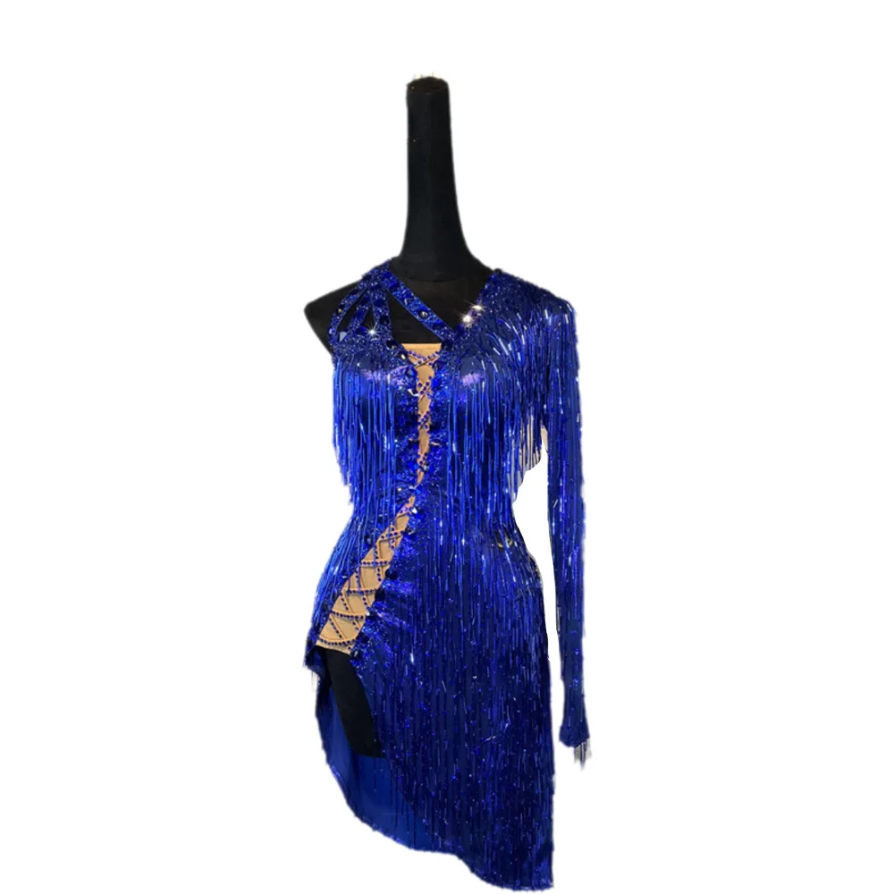 

Latin Dance Adult Children'S Dress AB Stone High-End Custom Blue Diamond Stripe Dress Cha Cha Tango Women'S Clothing