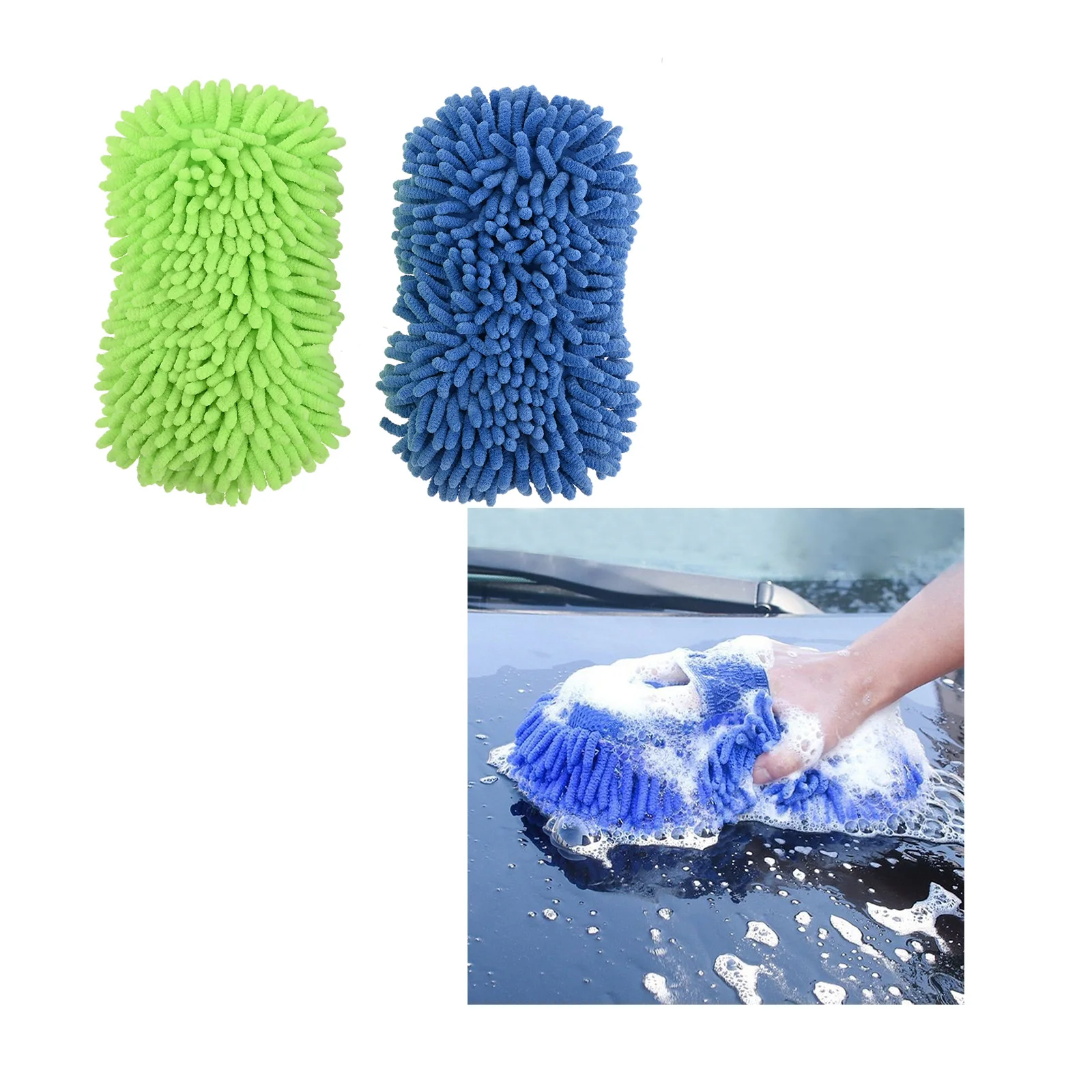 1pc Chenille Microfiber Cars Washer Mitt Coral Sponge 2-sided Lint Non-Scratch Cleaning Auto Maintenance 22.5cm/8.9In Green/Blue