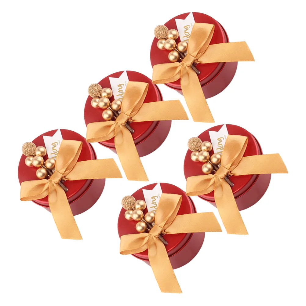 

5Pcs Round Tinplate Wedding Candy Box Red Candy Jar Gold Bow Beads Small Gift Packaging Favor Boxes Wedding Gift Boxes