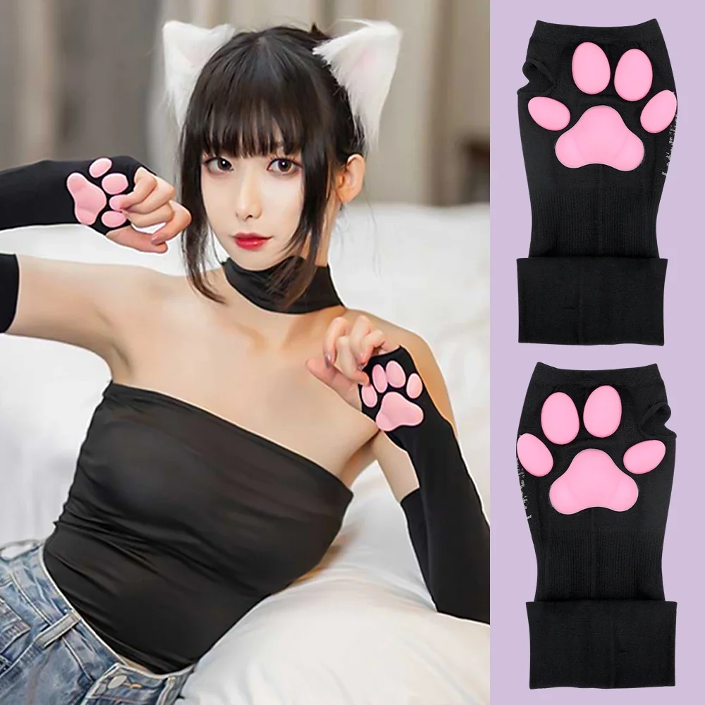 Pink Silicone Cat Claw Paw Pads para mulheres, 3D, sem dedos, fofo, proteção solar, mangas legais, luvas fofas, tubo longo, novo, 2022