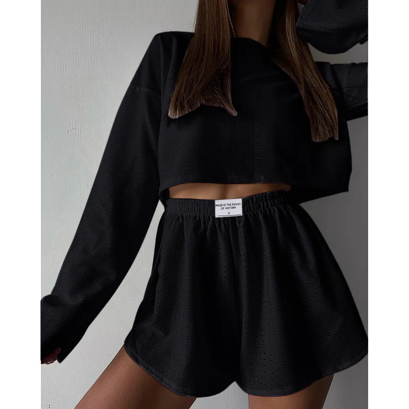 Women's Pajamas Set Spring Long Sleeve Tops With Shorts Sleepwear 2 Piece Set Loose Round Neck Home Wear Loungewear Pyjama Femme