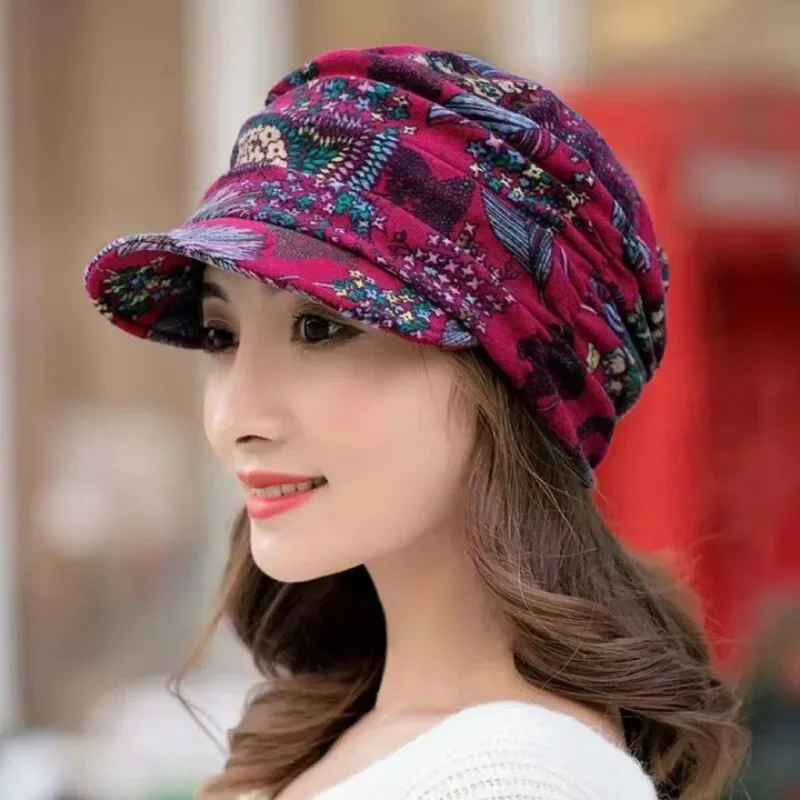 Retro Printed Ethnic Cotton Hat Autumn Winter Literary Peaked Cap Windproof Warm Short Brim Hats Decorative Thick Inner Caps