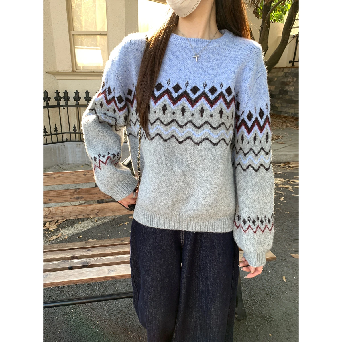 

Loose Knitted Sweater Arctic Fce round Ne Inner Wear Commute Sle Fair Isle Color Blo Design Women's Long Sve Top