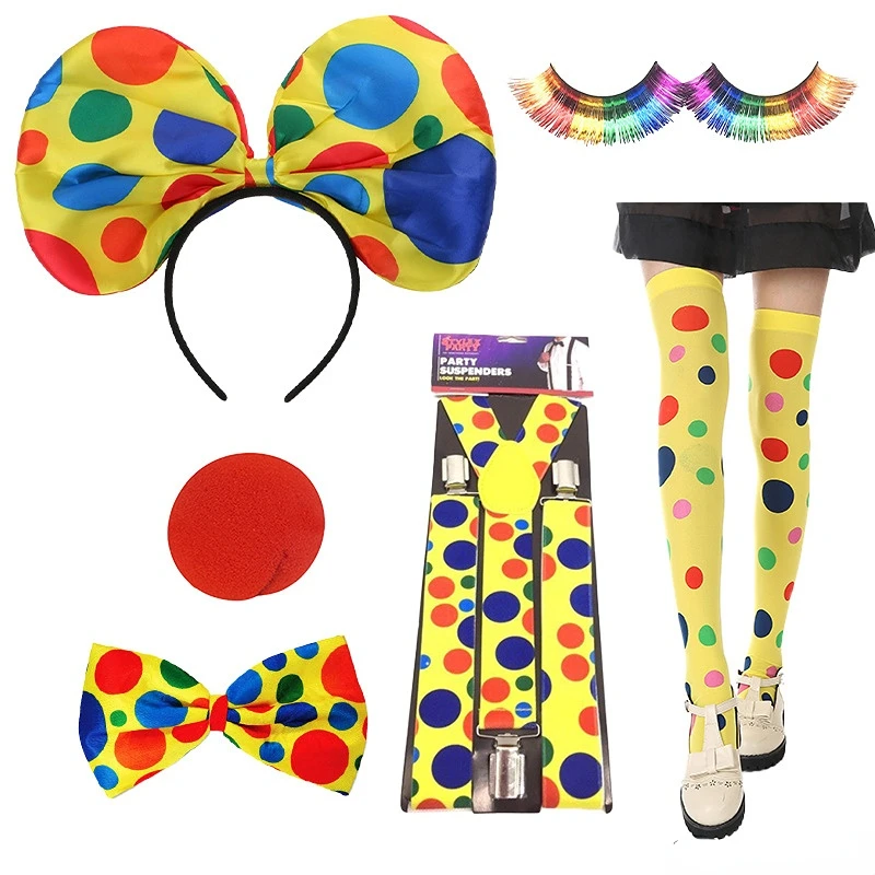 Clown Costume -  Nose Wig Bow Tie Shoes Headband Gloves Hat Stockings and Vest Dress Up Cosplay Props Accessories