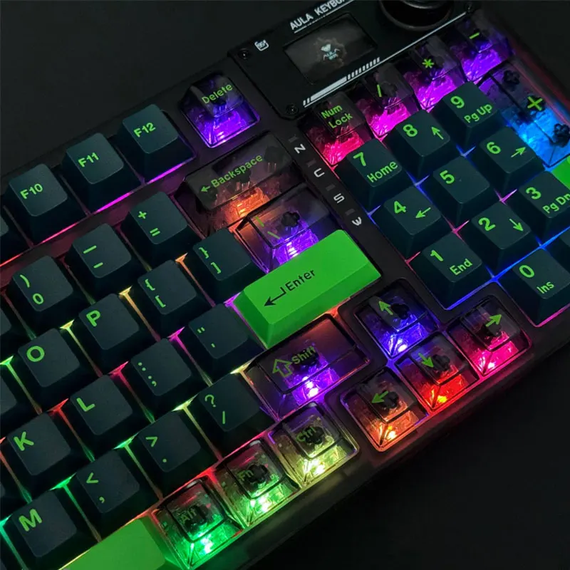 222 Keys Transparent Green Keycaps Cherry Height ABS PC Thermal Sublimation DIY For 61 87 98 104 108 Keys Mechanical Keyboard