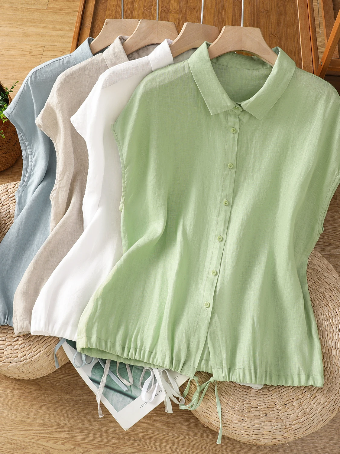 캐주얼 코튼 린넨 반팔 셔츠 여성 여름 대형 사이즈 루 - Short Linen Drawstring 리뷰 및 가격