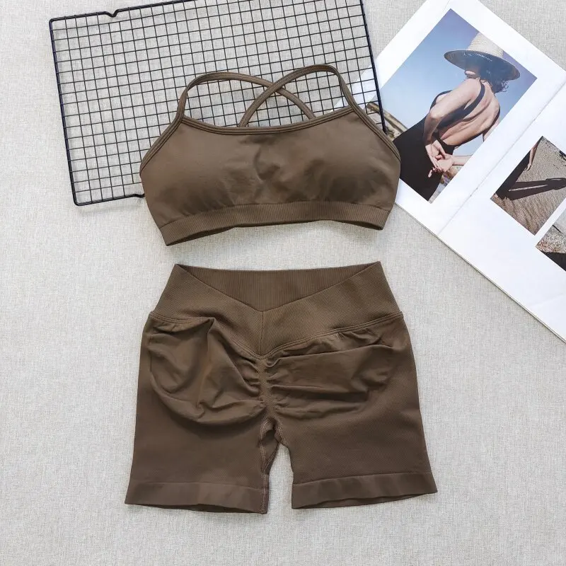 Nahtloses, schnelltrocknendes Fitness-Set für Damen: Sport-BH und Hüftstraffende V-Taille Yoga-Shorts, Pilates-Trainingskleidung, Gym-Set – Detail 8