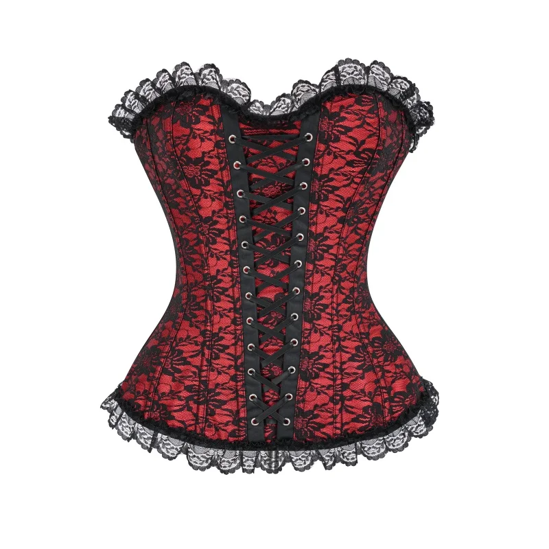 Espartilho gótico feminino com cadarço e jacquard floral e acabamento em renda – bustier cincher de cintura vintage para festa, casamento