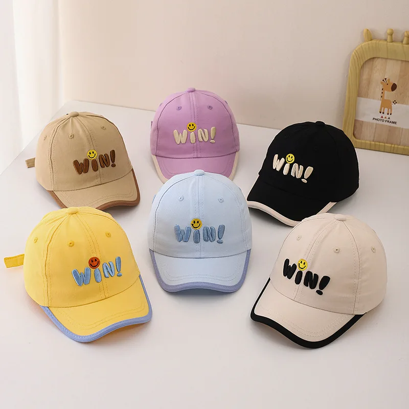 

WIN Embroidered Baby Baseball Cap Smiling Face Letter Newborn Infant Hat Windproof Sunshade Large Brim round Top Cap