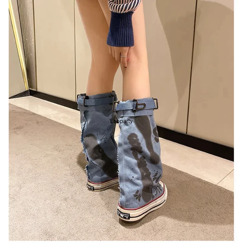 Nieuwe Vrouwen Y2K Graffiti Hoge Canvas Laarzen Lente Zomer Mode Ronde Kop Midden Cilinder Stapel Laarzen Casual Streetwear Schoenen