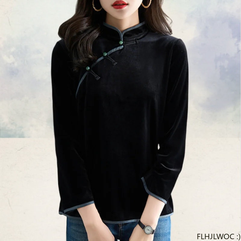 Chinese Style Chi-pao Collar Design Black Velvet Tops New Year 2024 Spring Women Date Girls Elegant Retro Shirt Blouse Vintage