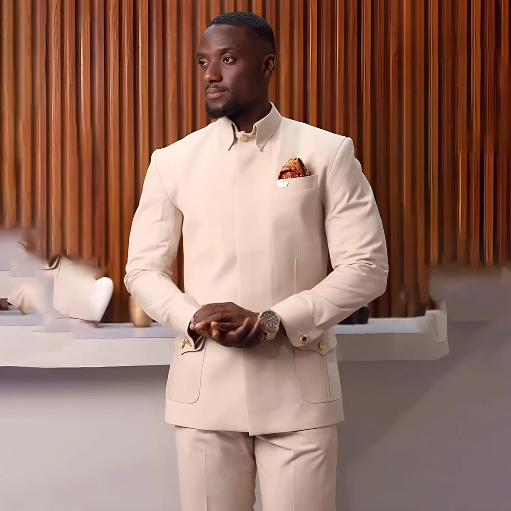 

Luxury Suits for Men Solid Color Single Breasted Stand Lapel Slim Fit Blazer High Quality 2 Piece Jacket Pants Daily Clothing