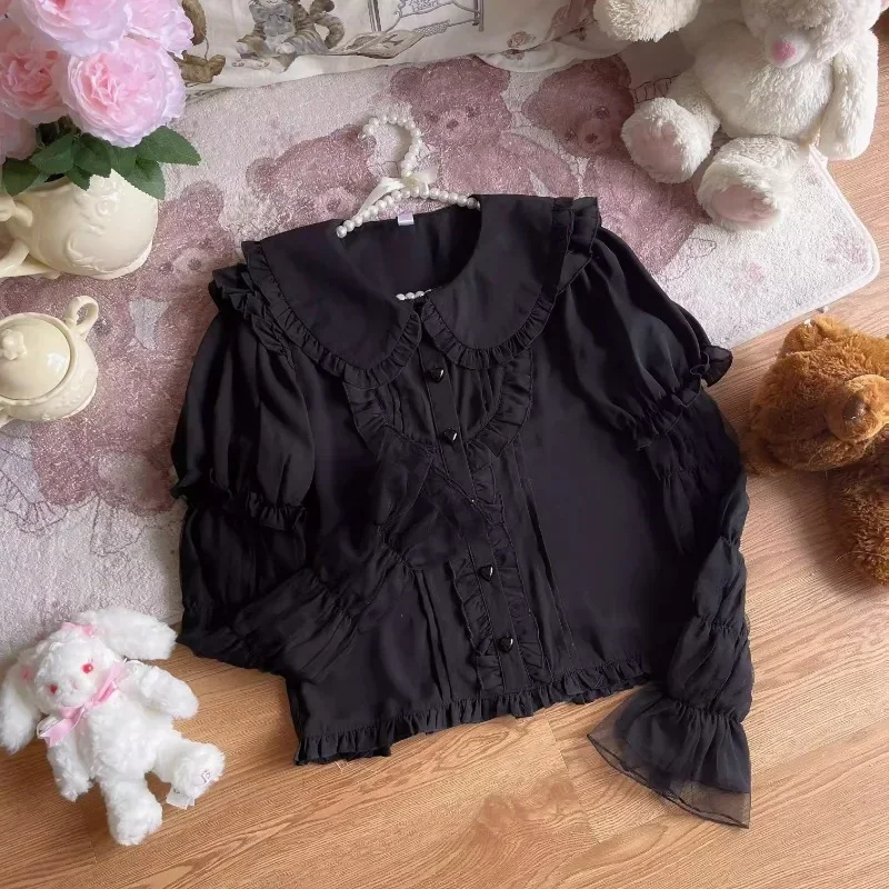 Victorian Gothic Lolita Shirt Fashion 2024 Kawaii Tops Cute Ruffles Peter Pan Collar Blouses Women Korean Womens Autumn Clothing