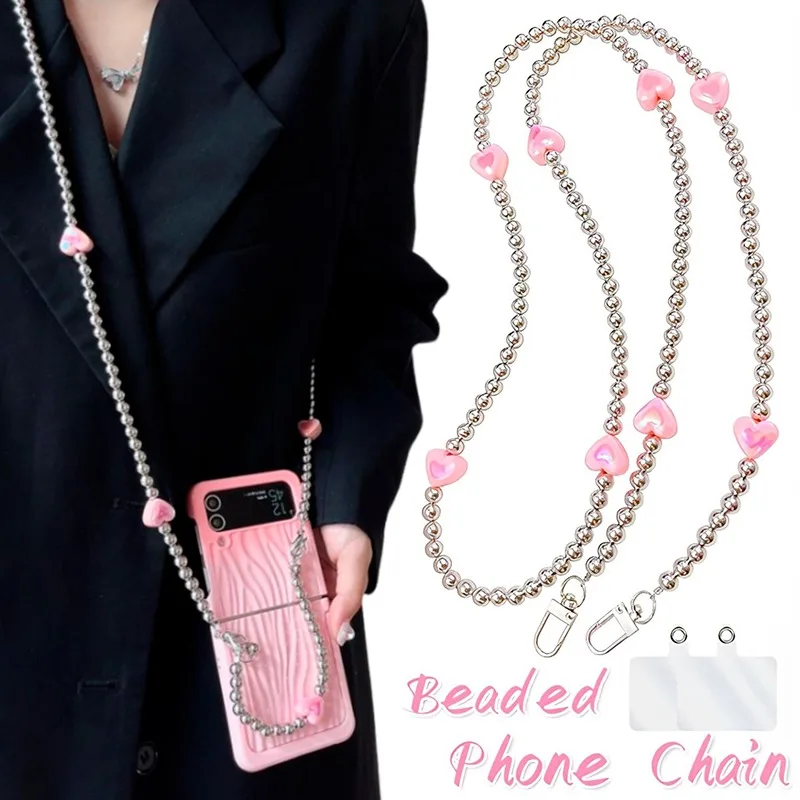 2 in 1 Pink Heart Cell Phone Lanyard Straps Anti-Theft Crossbody Phone Bead Chain Multifunction Detachable Lanyards with Patch