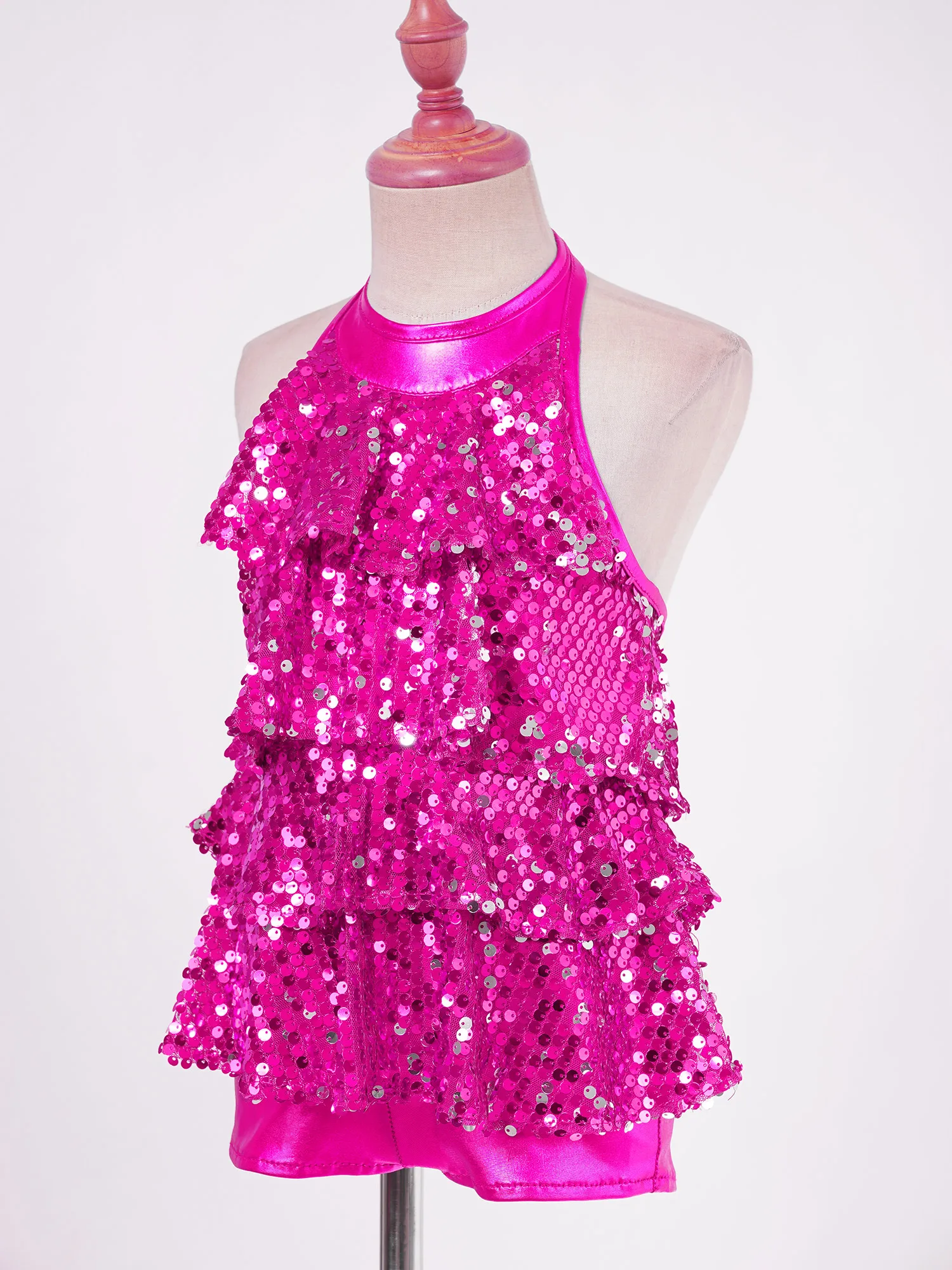 Купальник с лямкой на шее для джазовых танцев для девочек, короткий комбинезон с блестками, детская танцевальная одежда, От 4 до 16 лет, детские костюмы для латинских танцев с блестками